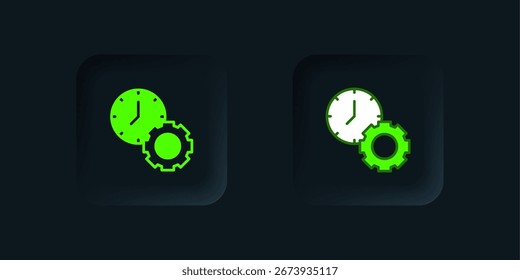 Icono verde de la gestión del tiempo aislado en el fondo negro. Reloj y señal de marcha. Símbolo de productividad. Botón cuadrado negro. Vector