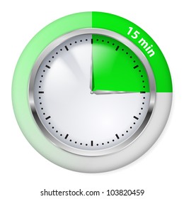 Green Timer icon. Fifteen minutes. Illustration on white.