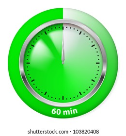 Green Timer Icon. Sixty Minutes. Illustration on white.