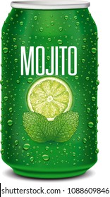 green tin can with mojito text, lime slice, mint leaves and many water drop