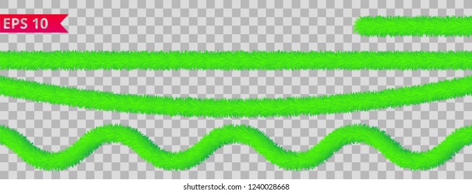 Green tinsel collection. Christmas holiday decoration elements. Xmas ribbon garlands. Festive bright ornament. Vector, isolated, eps 10. 