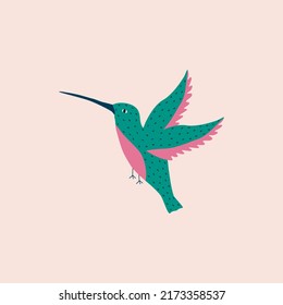 Green tiny hummingbird hand drawn vector illustration. Adorable tropical colibri bird in flat style for logo or icon.