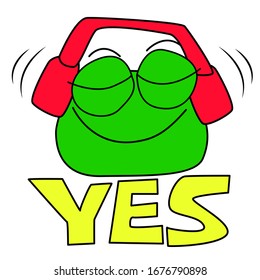 Green toad listens to music in large red headphones. A bright cartoon sticker with the word "Yes." The reptile is a calm character with a smile. Stock vector sticker on a white background.