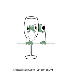 green toad loolks through a glass.Toad holding a glass. Vector illustration