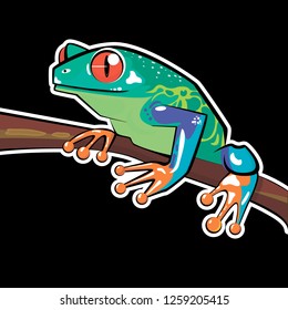 Green toad sitting on a branch. Black background. vector illustration