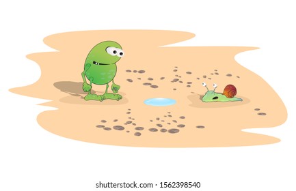 A green toad and a snail found a small puddle of water. Sketch in cartoon caricature style.