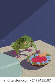 Green toad watch sleeping thumbelina. Illustration for childrens book fairy tale. Vector cartoon