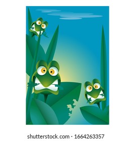 Green toads, clenched teeth and bulging eyes look out of the swamp
