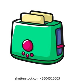 green toaster cartoon with red button facing right, toasted bread