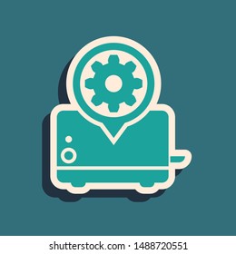 Green Toaster and gear icon isolated on blue background. Adjusting app, service concept, setting options, maintenance, repair, fixing. Long shadow style. Vector Illustration