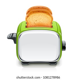 Green Toaster. Kitchen equipment for roast bread. Cooking food. Cook meal. Metallic utensil. Isolated white background. Electric barbecue tool. EPS10 vector illustration.