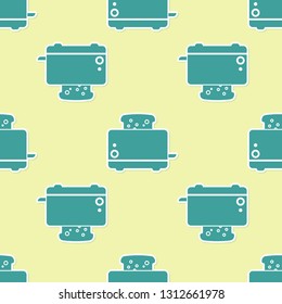 Green Toaster with toasts icon isolated seamless pattern on yellow background. Flat design. Vector Illustration