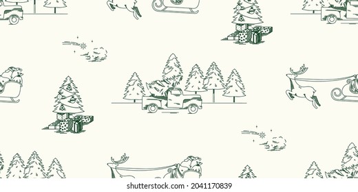 Green toile pattern repeat fabric print sharing the story of a Christmas tree: from the forest, transporting it in the car, to decorating it at home with gifts. Seamless print background design