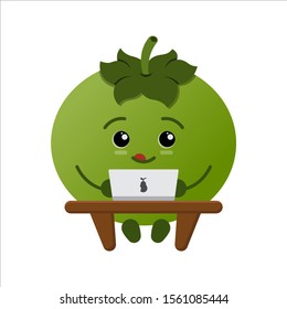 Green tomato on a white background. Works at the computer. Cute tomato illustration. Kawaii. He put out his tongue. Passionate about work. Tomato is sitting at the table. Flat design.