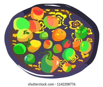 Green tomatoes on a gold ornamented dish vector graphics