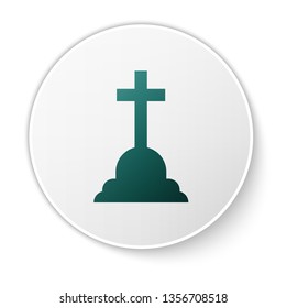 Green Tombstone with cross icon isolated on white background. Grave icon. Green circle button. Vector Illustration