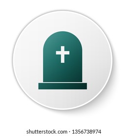 Green Tombstone with cross icon isolated on white background. Grave icon. Green circle button. Vector Illustration