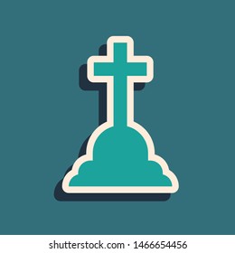 Green Tombstone with cross icon isolated on blue background. Grave icon. Long shadow style. Vector Illustration
