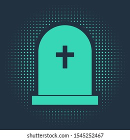Green Tombstone with cross icon isolated on blue background. Grave icon. Abstract circle random dots. Vector Illustration