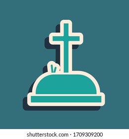 Green Tombstone with cross icon isolated on green background. Grave icon. Long shadow style. Vector Illustration