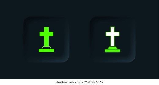 Green Tombstone with cross icon isolated on black background. Grave icon. Happy Halloween party. Black square button. Vector