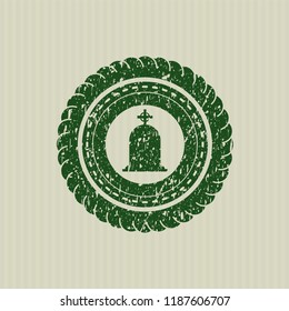 Green tombstone icon inside distress grunge seal