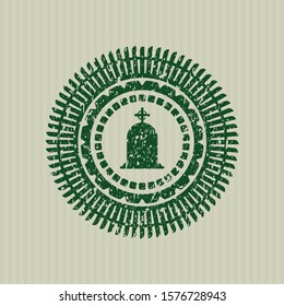 Green tombstone icon inside distress grunge stamp