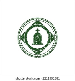 Green tombstone icon inside rubber grunge seal. 