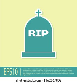 Green Tombstone with RIP written on it icon isolated on yellow background. Grave icon. Flat design. Vector Illustration