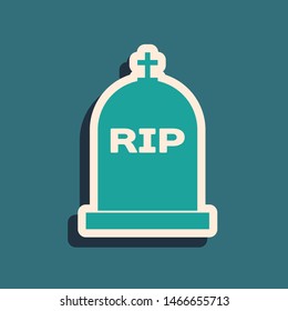 Green Tombstone with RIP written on it icon isolated on blue background. Grave icon. Long shadow style. Vector Illustration