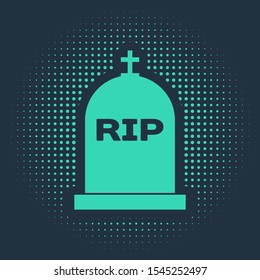 Green Tombstone with RIP written on it icon isolated on blue background. Grave icon. Abstract circle random dots. Vector Illustration