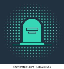 Green Tombstone with RIP written on it icon isolated on blue background. Grave icon. Abstract circle random dots. Vector Illustration