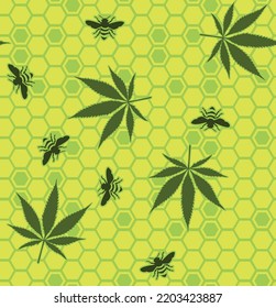 Green Tonal Cannabis Leaf Cbd Honey Comb Bee Repeat Pattern