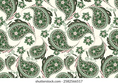 Green tone seamless paisley pattern, green color indian wallpaper. Motifs African boho paisley Floral Ikat pattern embroidery, Absract blue paisley background. Vector pattern. For textile, fabric