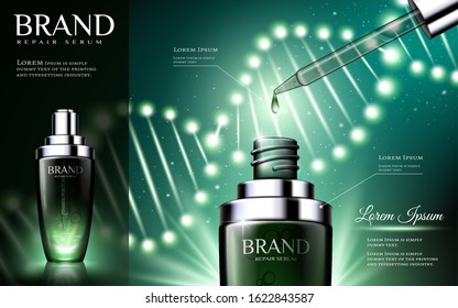 Green tone skincare droplet bottle ads with glowing gene helix effect in 3d illustration