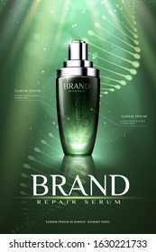 Green tone skincare droplet bottle ads with glowing gene helix effect in 3d illustration