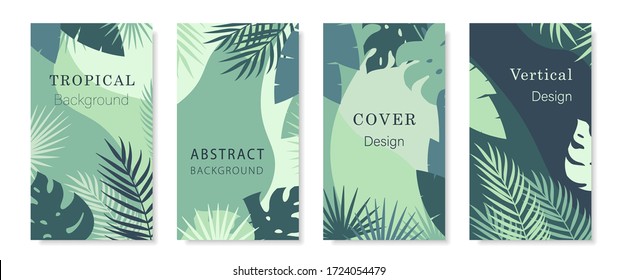 Green tone tropical theme backgrounds for social media story, posters or covers. Sale stories. Organic background for mobile phone. Vertical backdrop. Trendy abstract shapes. Vector illustration