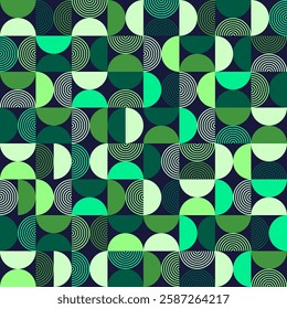 Green Toned Geometric Pattern with Circles and Semi-Circles on Dark Background Vector Illustration