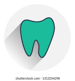 Green Tooth icon in flat design. Vector illustration. Tooth icon with long shadow on grey background