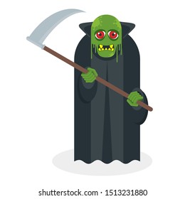 Green toothy zombie in a black cloak with a scythe in his hands. The living dead. Halloween character. Flat vector cartoon person on white background.