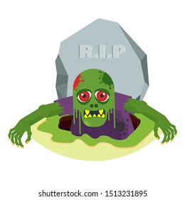 Green toothy zombie with red eyes climbs out of the grave. The living dead. Halloween character. Flat vector cartoon person on white background.
