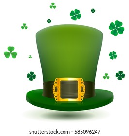 Green top cylinder hat with gold buckle. Luck leaf clover symbol Patricks Day. Isolated on white vector illustration