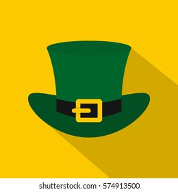 Green top hat with buckle icon. Flat illustration of green top hat with buckle vector icon for web   on yellow background