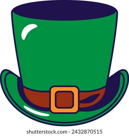 Sombrero superior verde, cilindro con correa de cuero, tocado del personaje de cuento de hadas irlandés Leprechaun. Elemento festivo, atributos del día de San Patricio. Icono del vector de la historieta en los colores nacionales de la bandera irlandesa