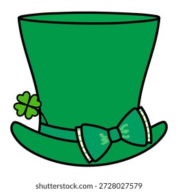 Green top hat, leprechaun hat, clover leaf isolated on transparent background. Hand drawn vector illustration. Saint Patrick Day celebration, traditional Irish holiday design element, clip art, symbol