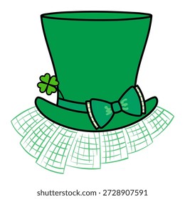 Green top hat, leprechaun hat, clover leaf isolated on transparent background. Hand drawn vector illustration. Saint Patrick Day celebration, traditional Irish holiday design element, clip art, symbol