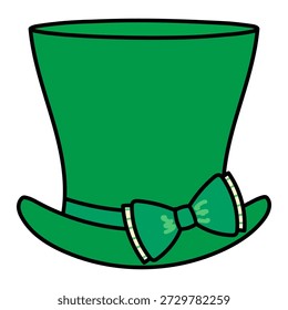 Green top hat, leprechaun hat isolated on transparent background. Hand drawn vector illustration. Saint Patrick Day celebration, traditional Irish holiday design element, clip art, symbol