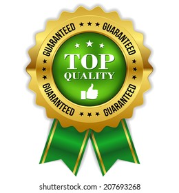 Green top quality badge with gold border and ribbon on white background