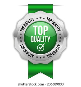 Green top quality badge with ribbon and metallic border on white background