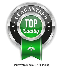 Green top quality badge with silver border and ribbon on white background